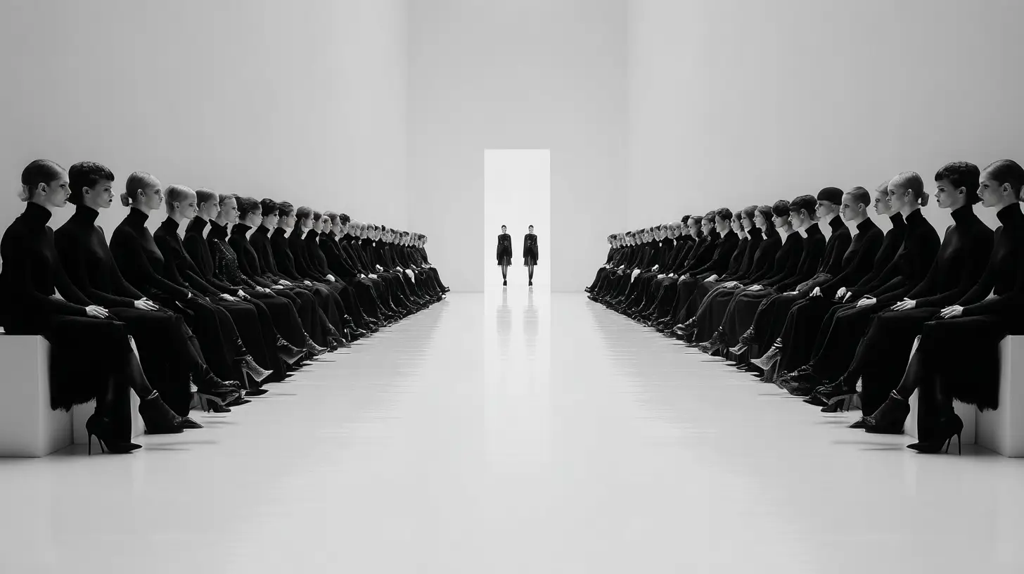 Symmetrical runway space with seated figures and two people entering from the light