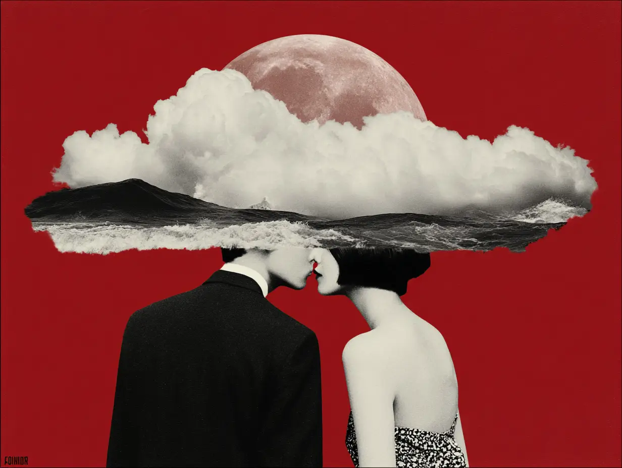 Surreal collage of two people kissing beneath overlapping clouds, sea, and moon on a red background