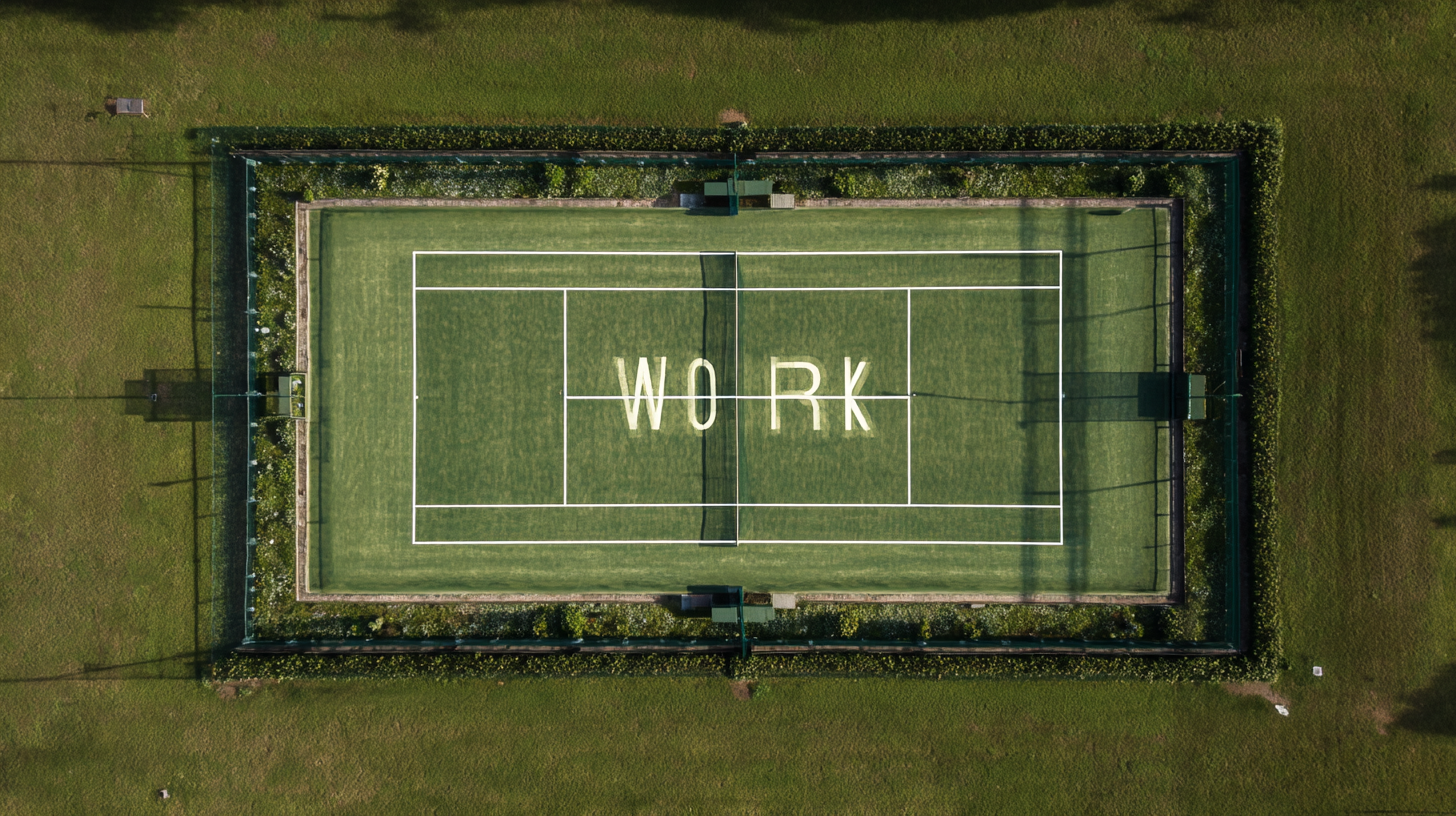 Aerial view of a tennis court marked with the word ‘WORK’