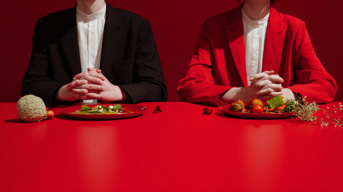 A red-and-black contrasted photo of two people sitting face-to-face at a red table