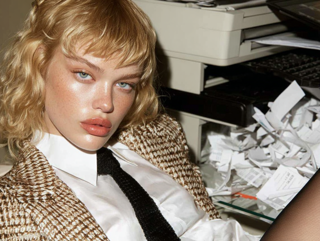 A female model in a check jacket and tie gazing directly at the camera