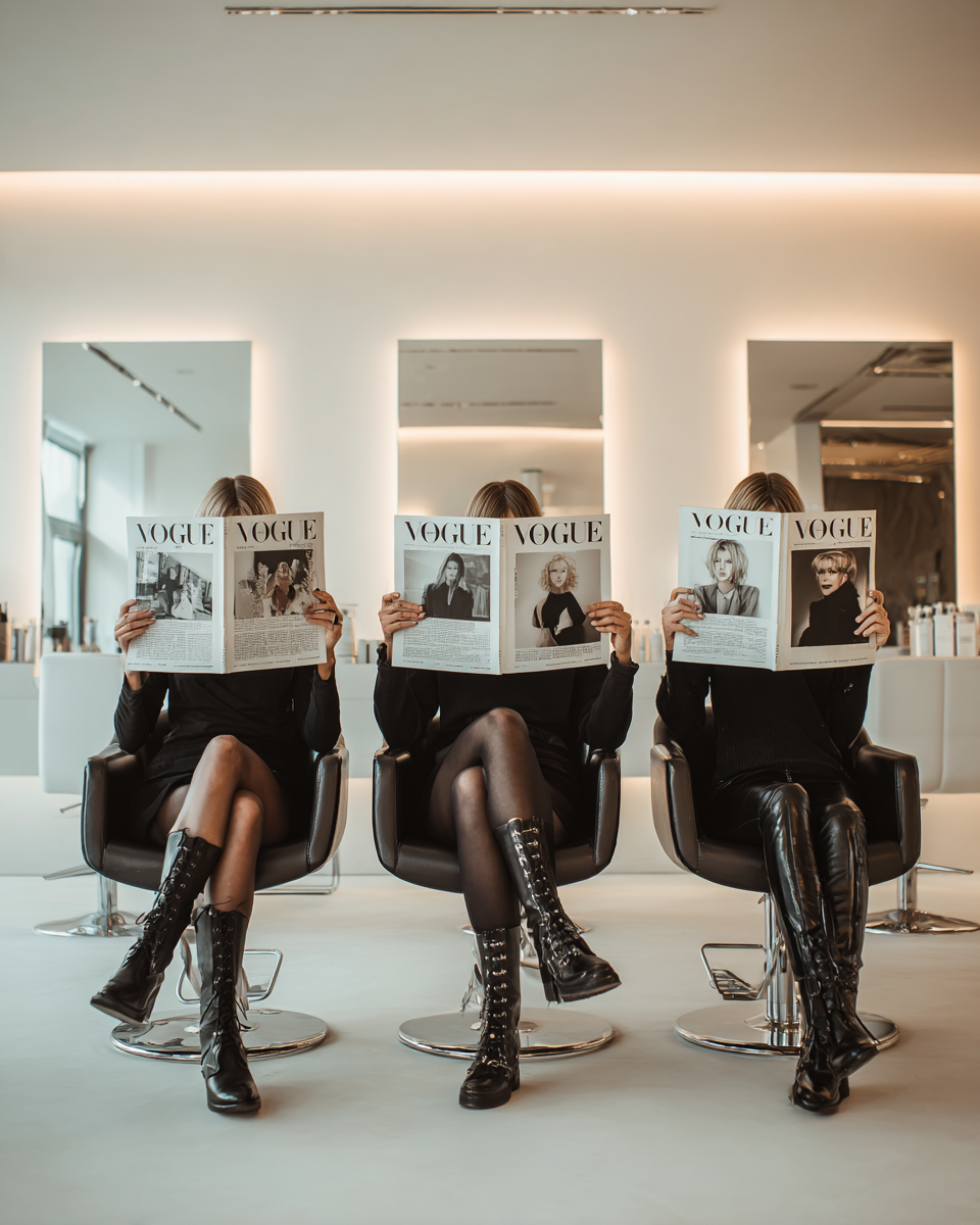 Three seated figures posing while holding magazines