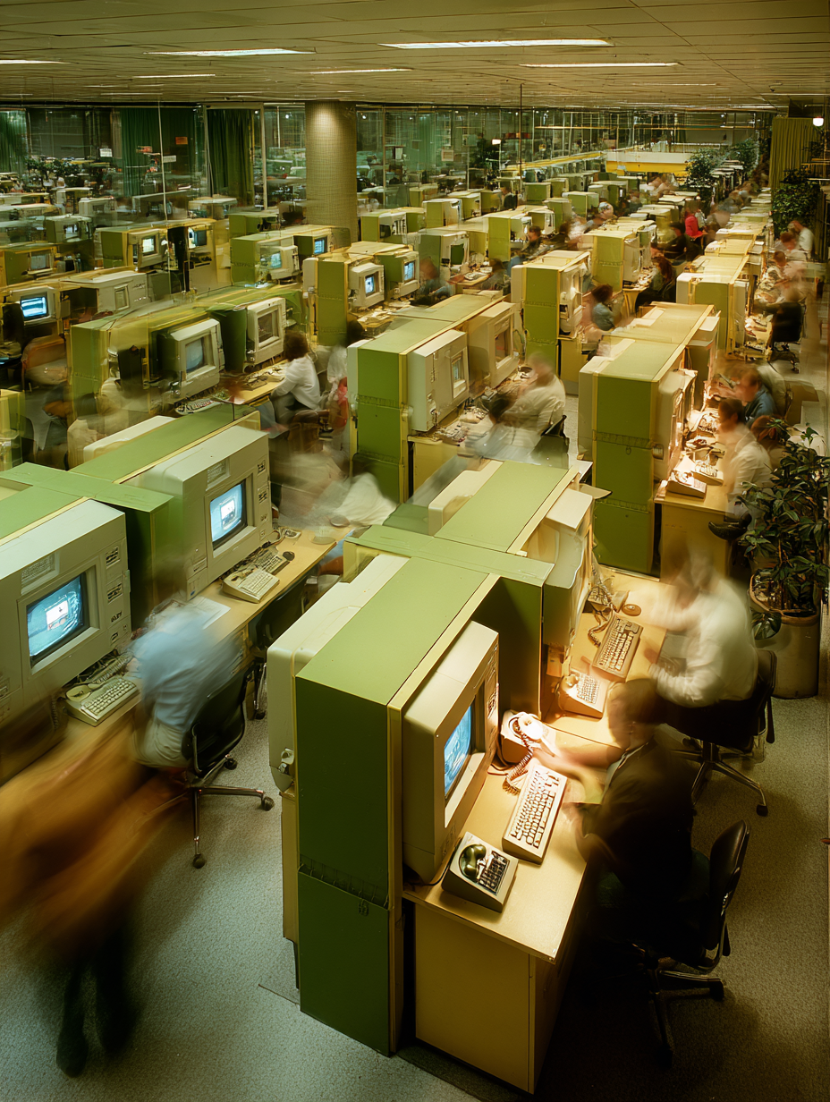 Large office filled with computers and blurred figures at work