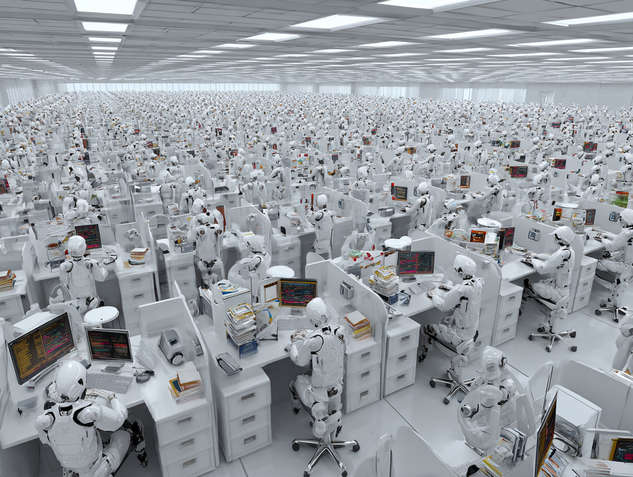 A vast office filled with countless robots working at computers