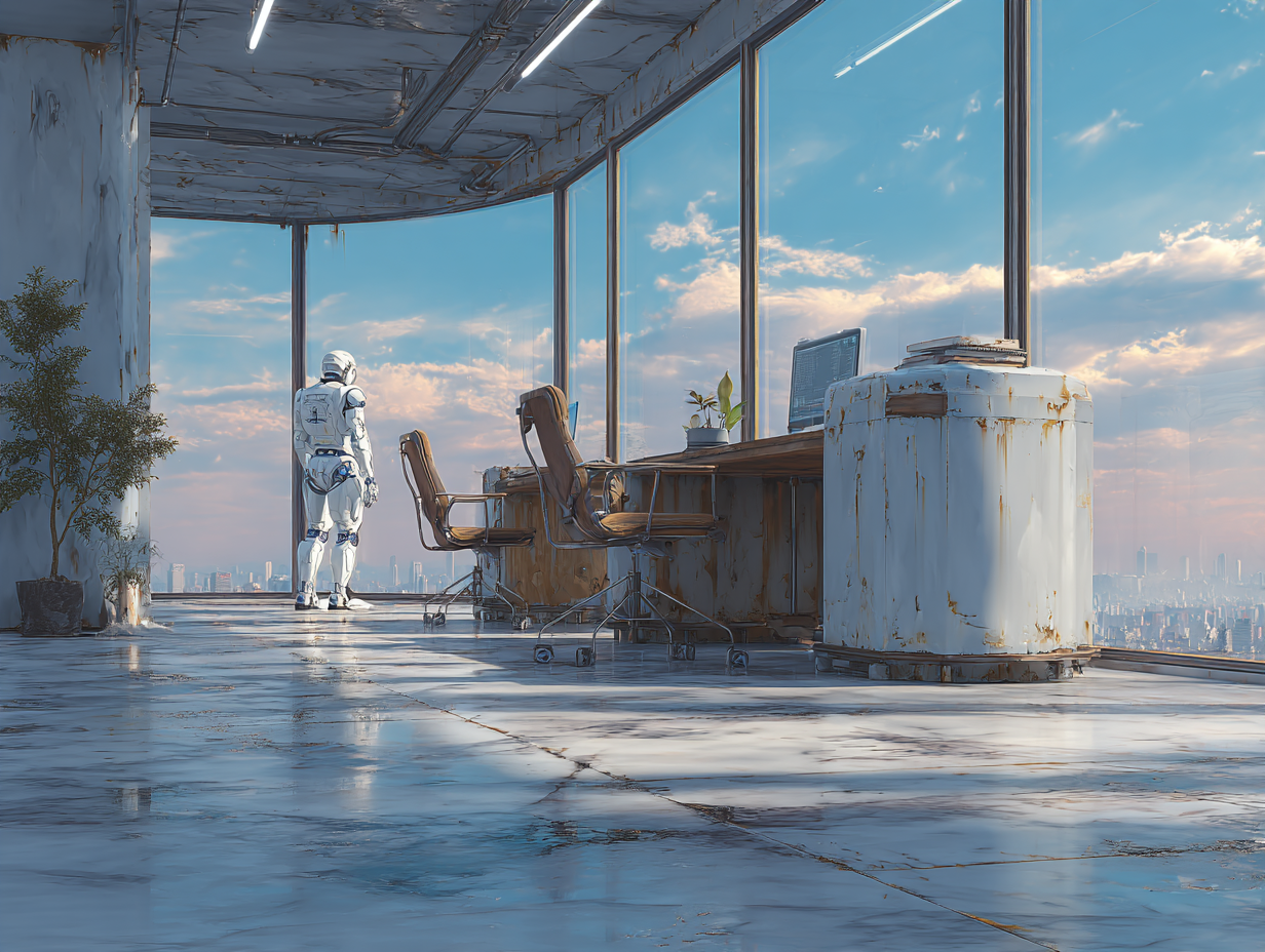 A robot standing by the window overlooking the city skyline