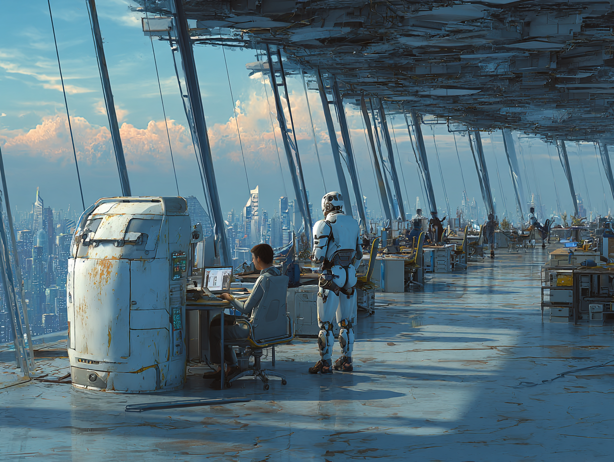 Futuristic office interior where humans and robots work together