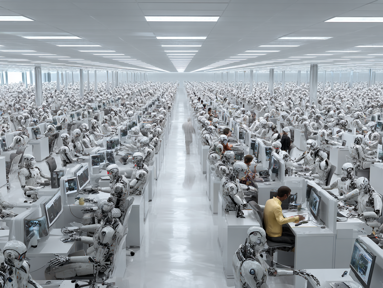 Massive office where humans and robots work side by side