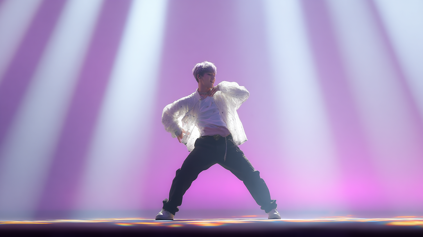 A performer dancing under bright stage lights