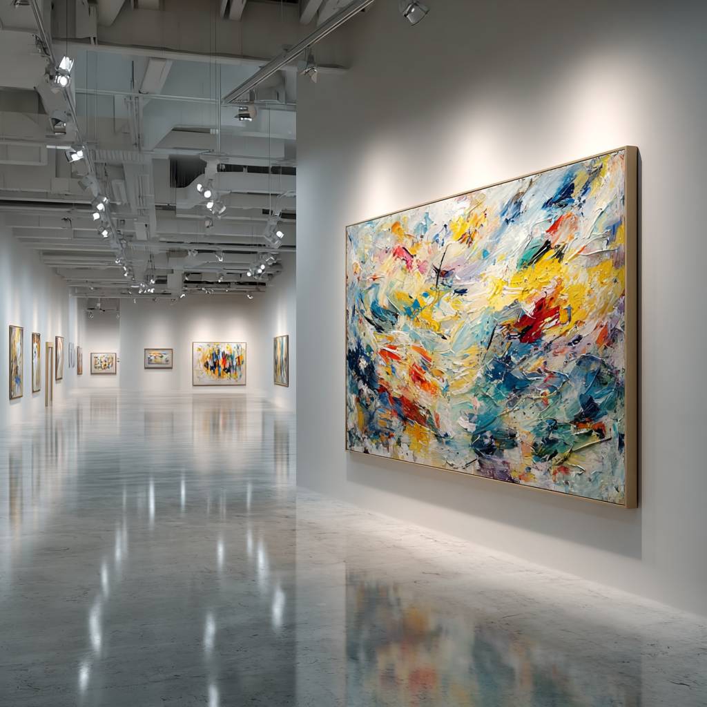Art gallery interior showcasing large abstract paintings