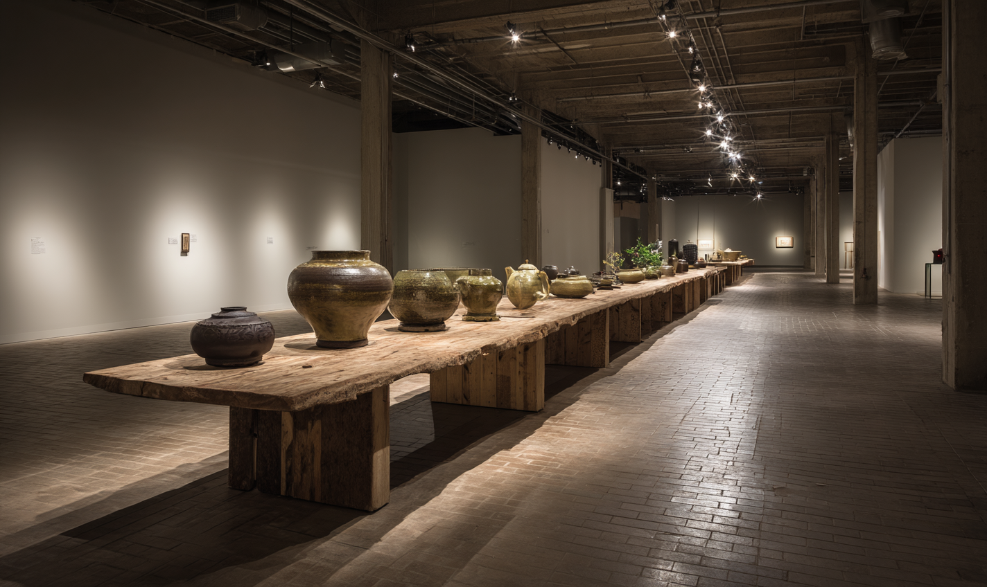 Modern gallery space displaying traditional Korean pottery and jars