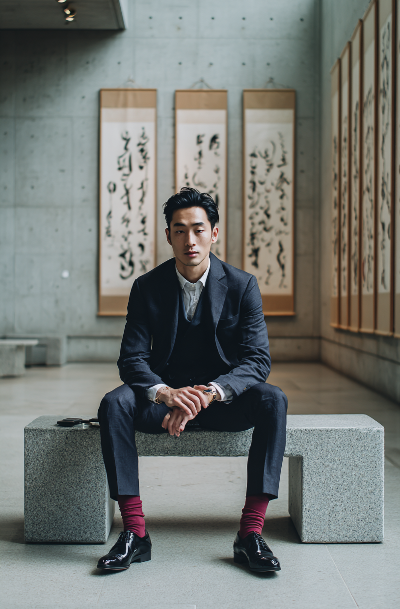 Man seated before traditional Korean calligraphy scrolls