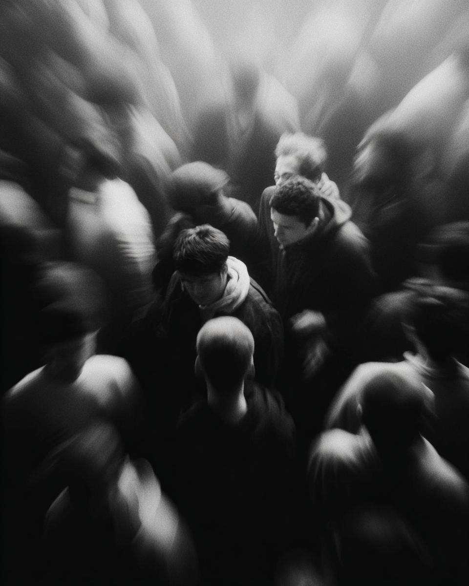 Two people talking amid a blurred crowd