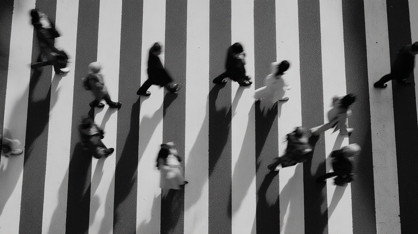 Pedestrians crossing a zebra crosswalk casting long shadows
