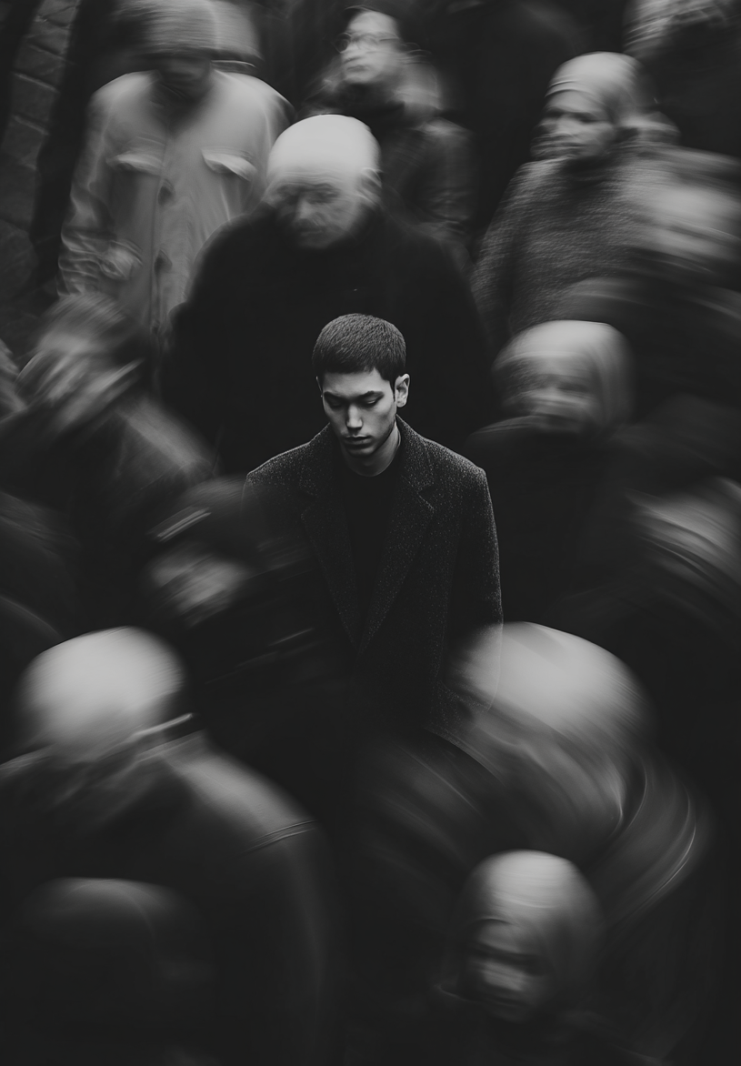 A man standing still among a moving crowd