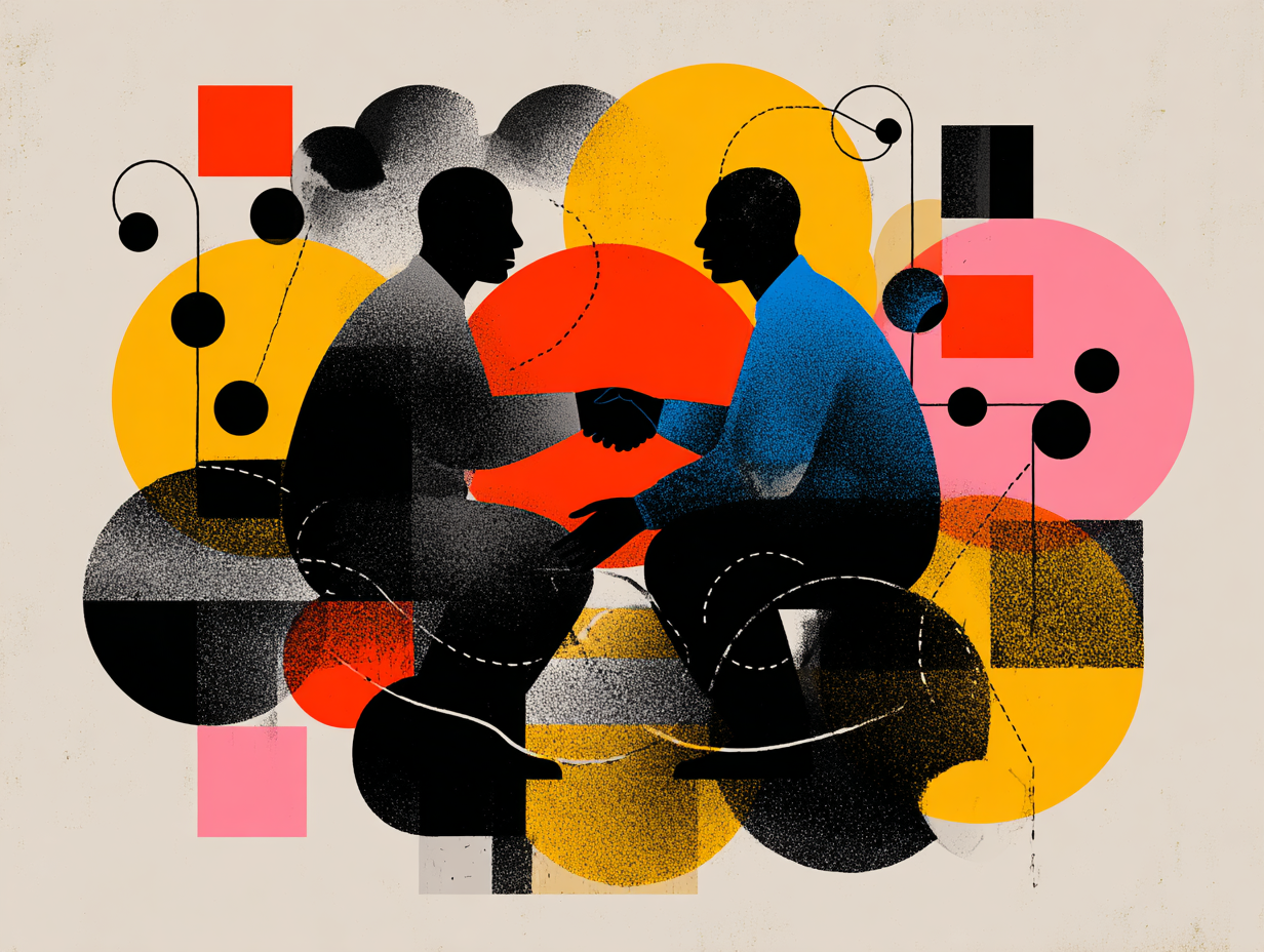 Two figures shaking hands amid colorful geometric forms