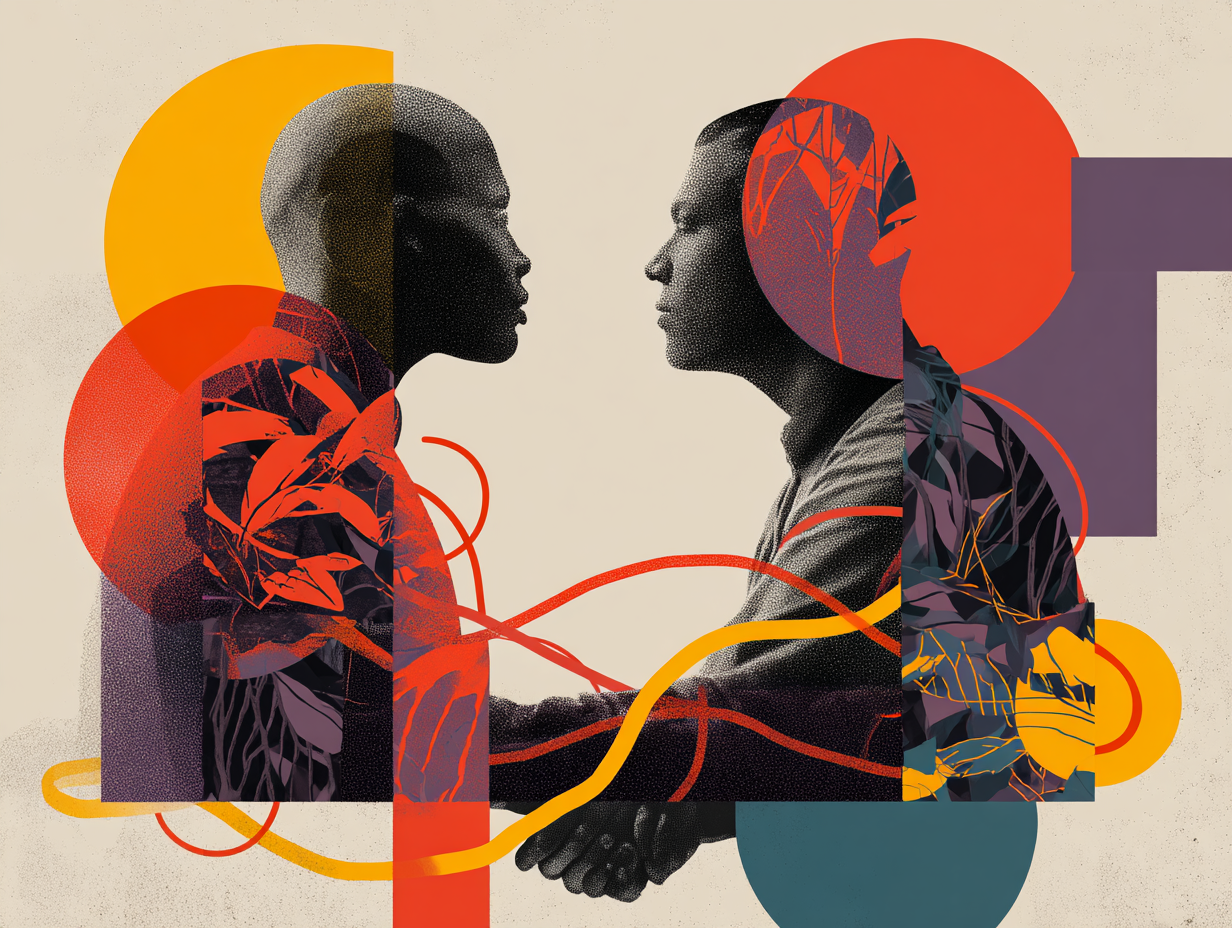 Two people facing each other against a backdrop of intersecting red and orange shapes