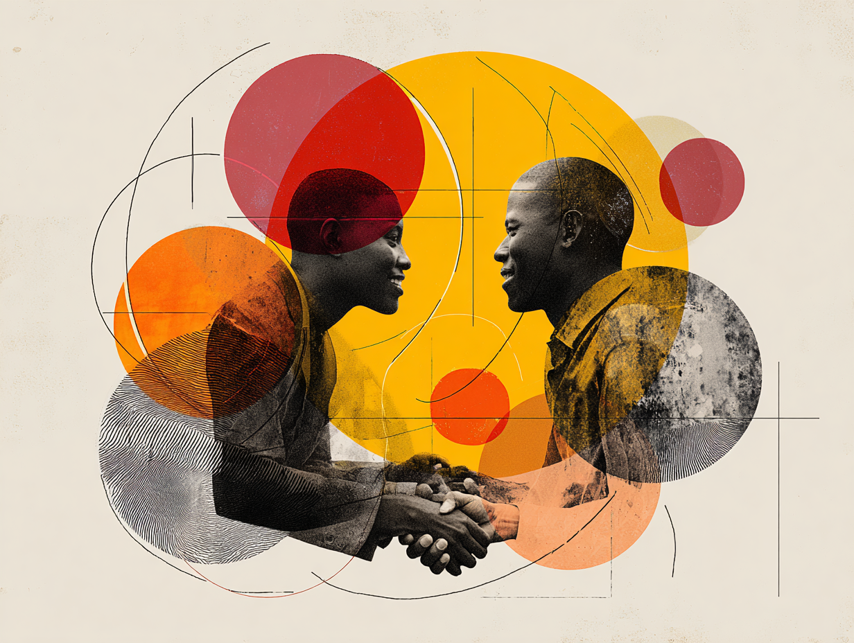 Two smiling figures shaking hands within a composition of circles and lines