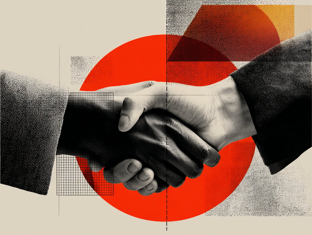 Two hands shaking against a red circular background