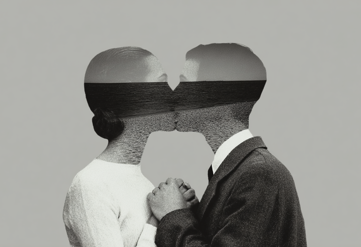 Black-and-white image of a kissing couple with a horizon line overlay