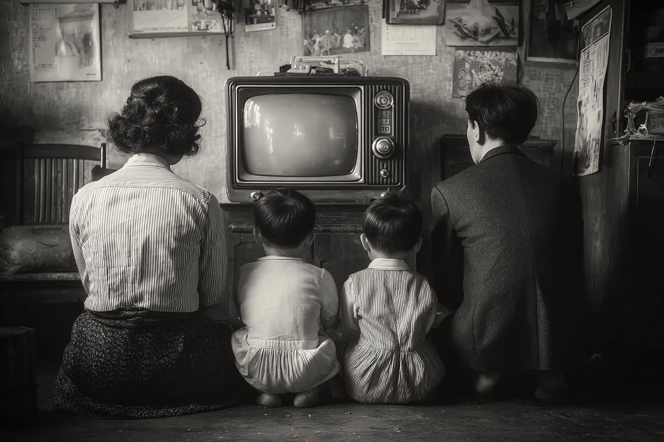 Black-and-white photograph of a family sitting together in front of an old television