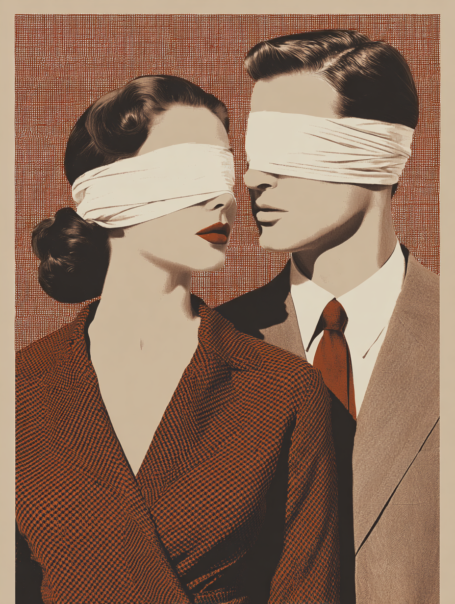 Vintage-style portrait of a blindfolded couple