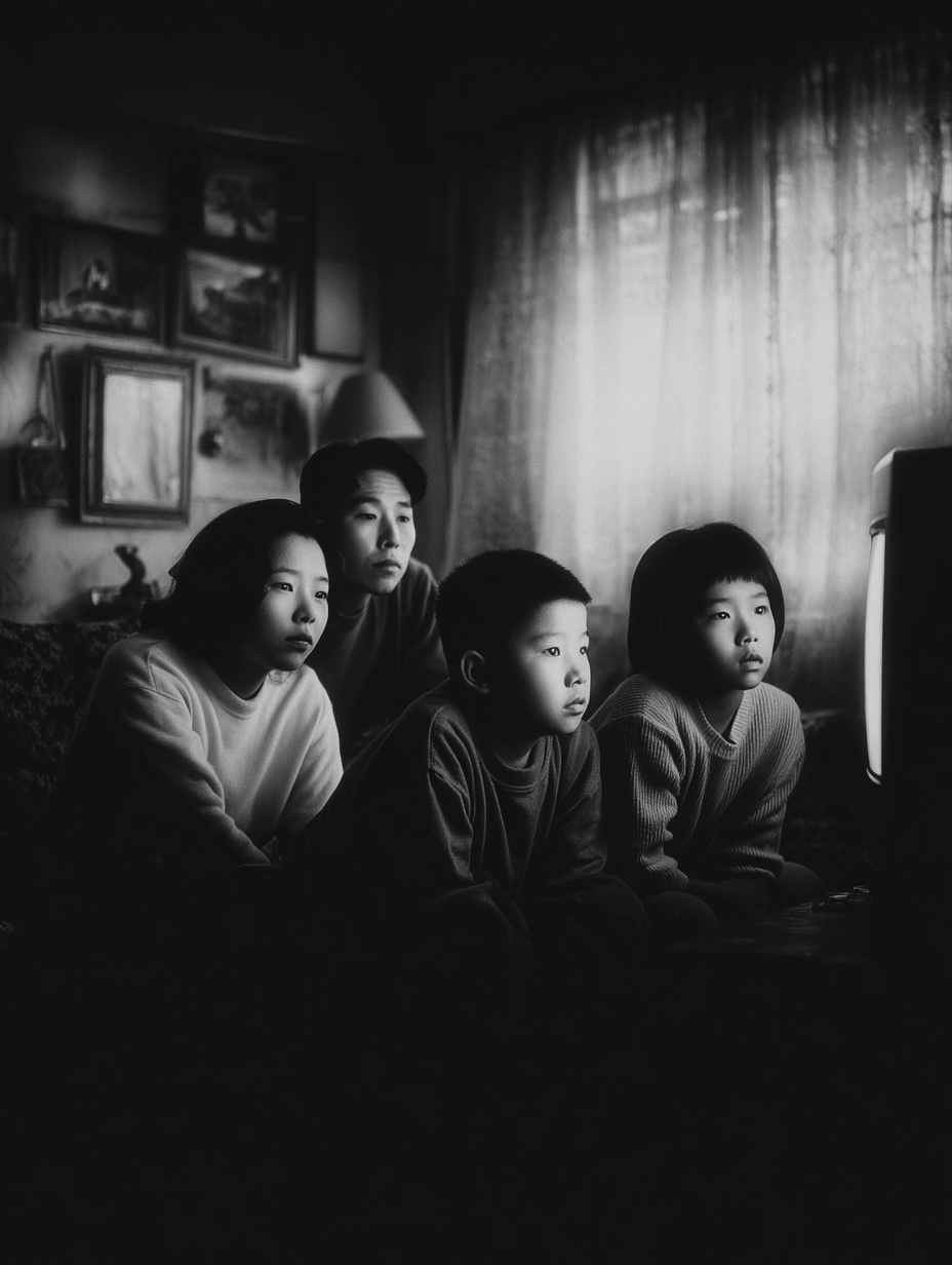 Black-and-white scene of a family gathered in front of a television