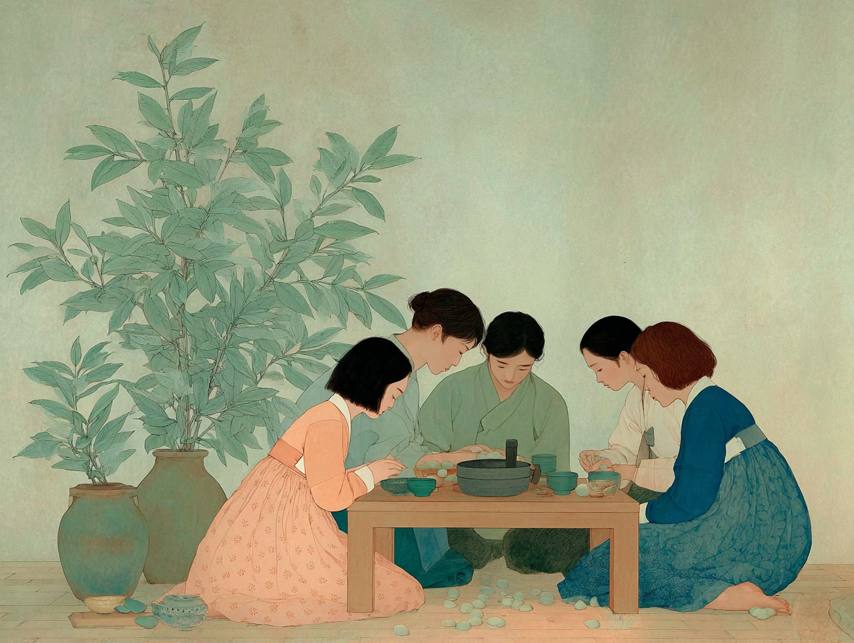 People in traditional Korean attire preparing food together in a hanok-style room