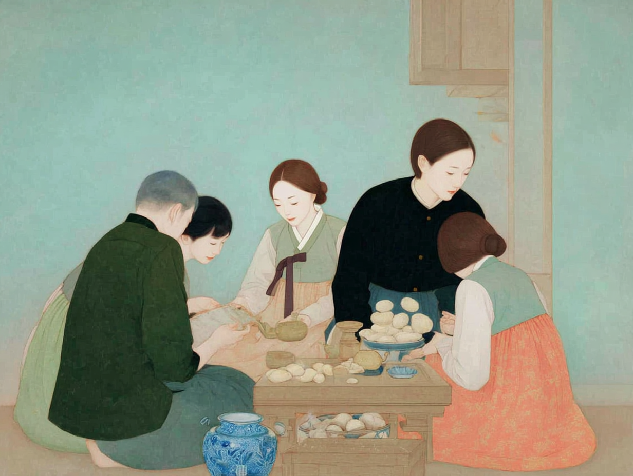 Five people sitting together making traditional Korean sweets