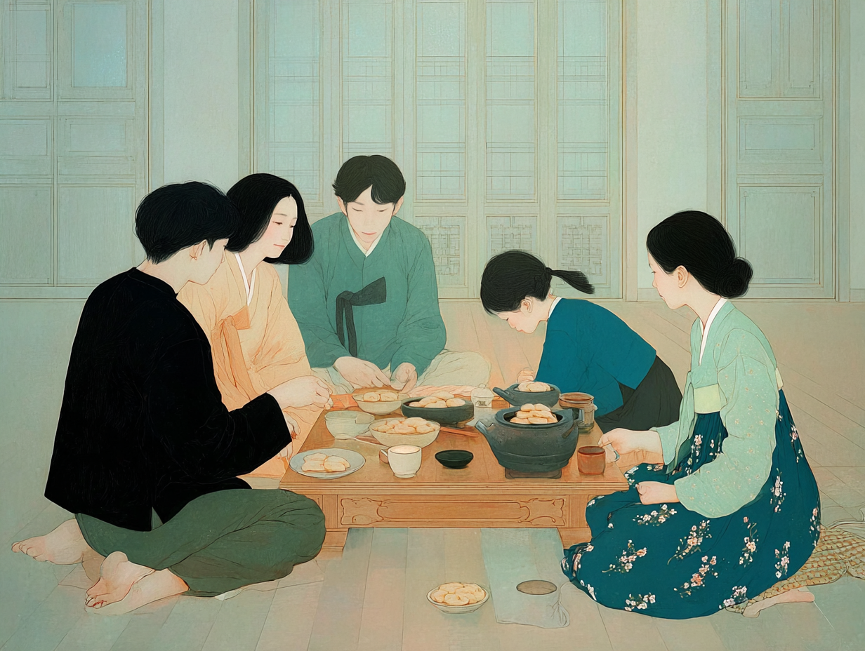A family gathered around a table sharing traditional food