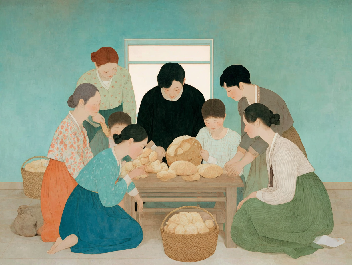 Multiple generations sharing bread and smiles together