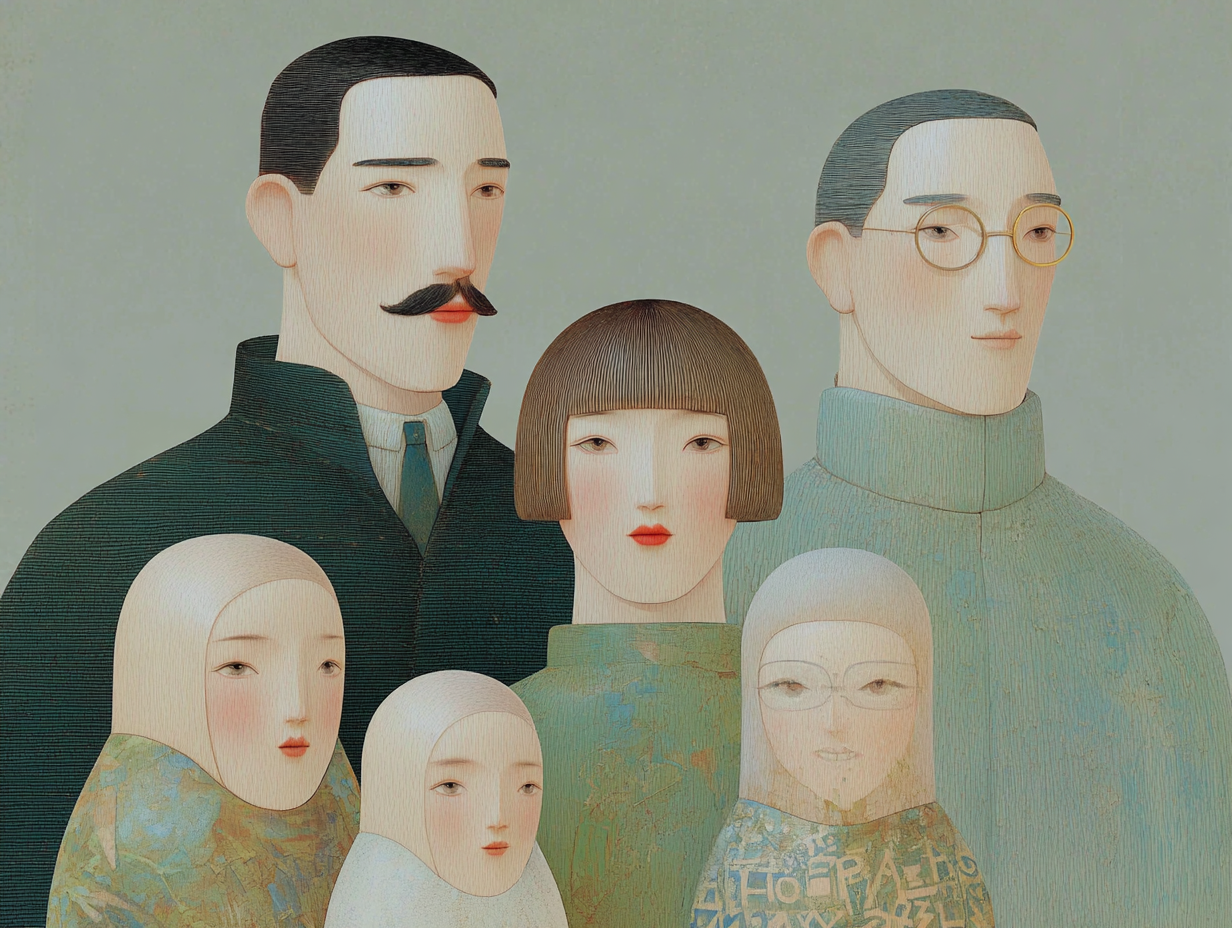 Illustrated portrait of a multigenerational family