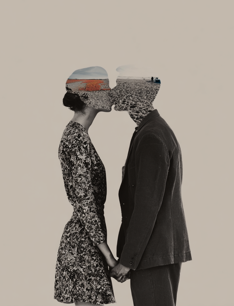 Image of a couple’s silhouettes filled with a beach landscape