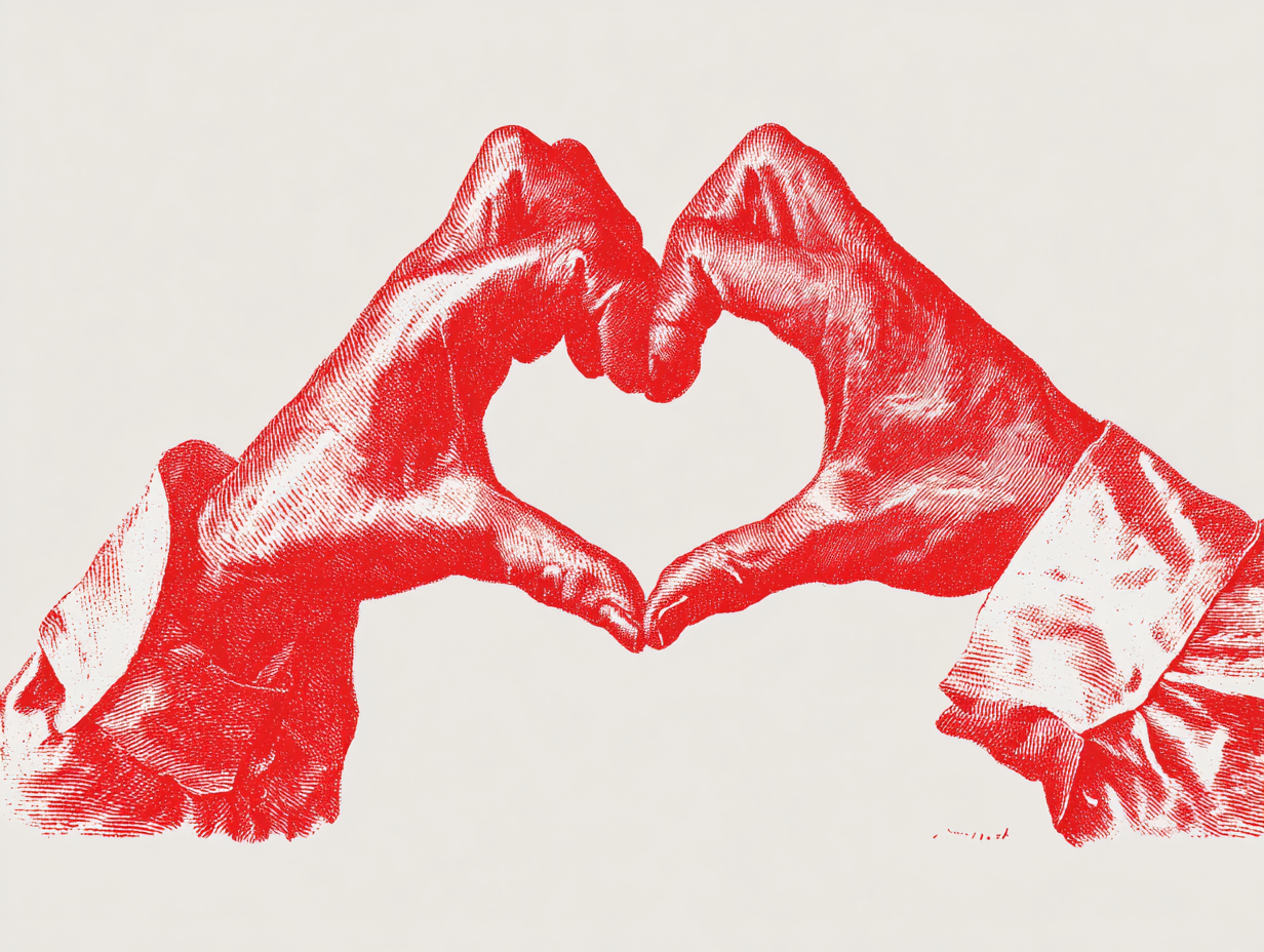 Vintage-style red ink illustration of two hands forming a heart