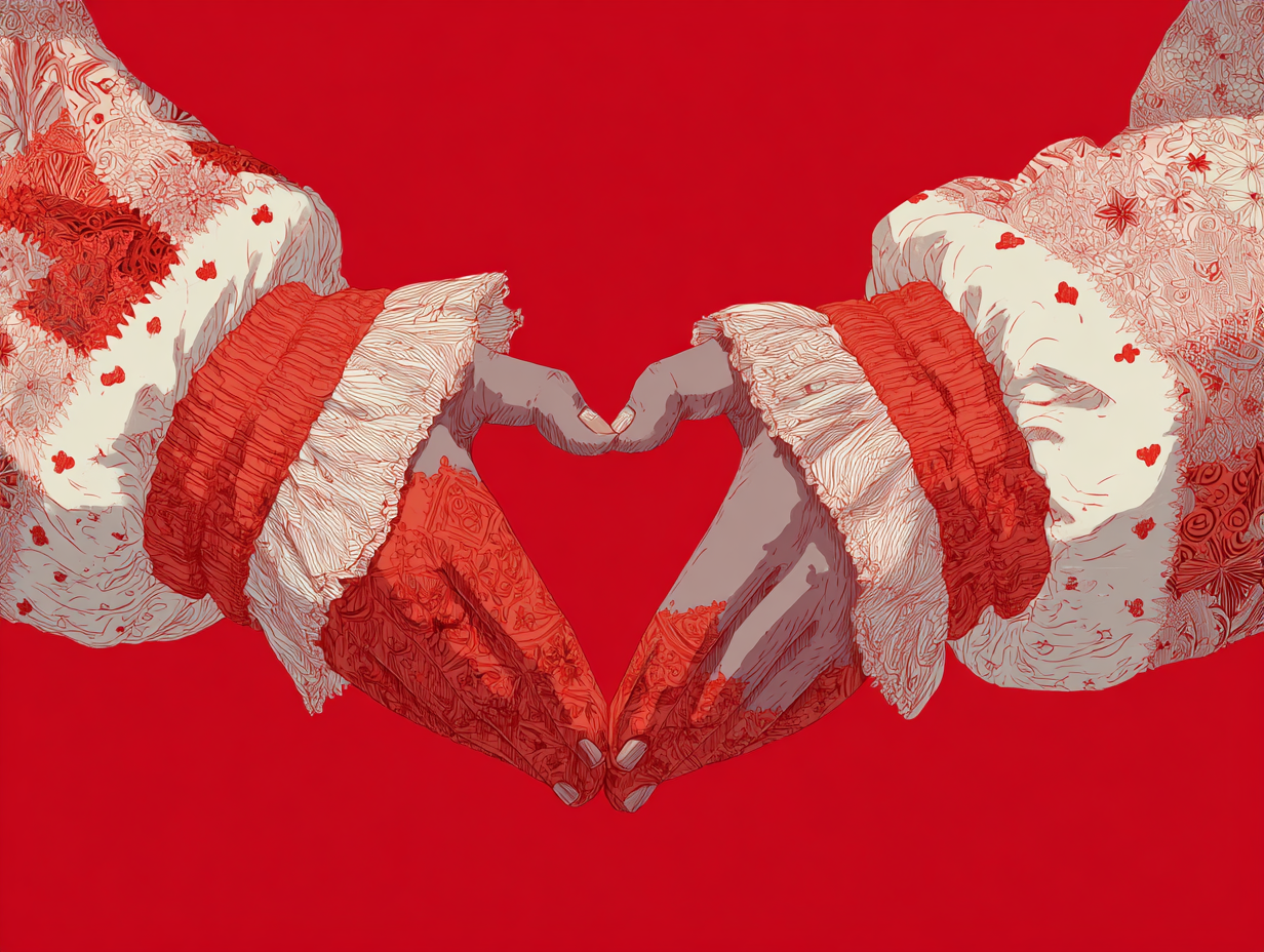 Illustration of two hands in patterned sleeves forming a heart