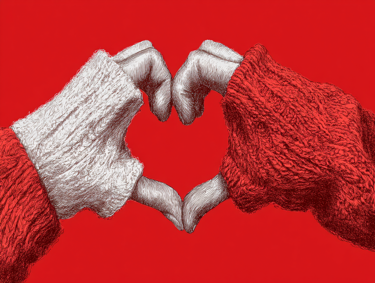 Image of two hands in red knit sleeves forming a heart shape