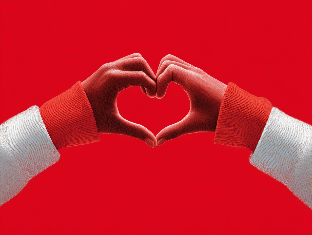 Minimalist image of red and white sleeved hands forming a heart on a red background