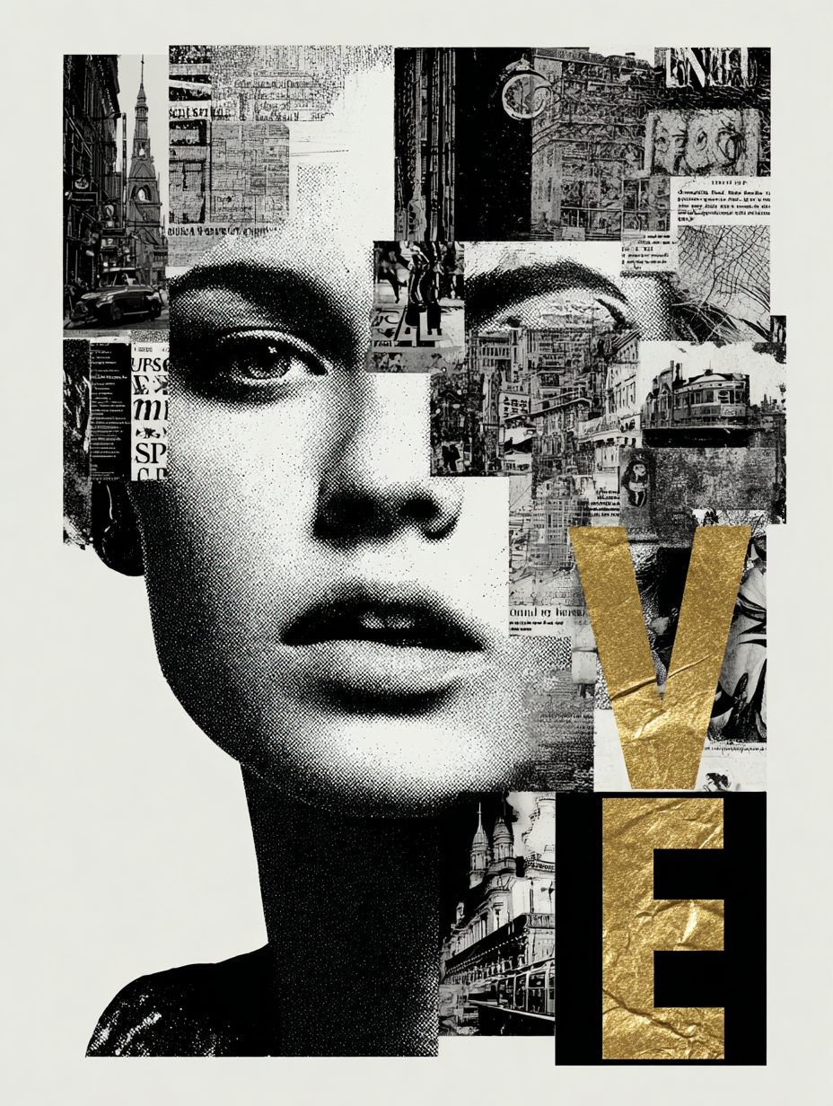 Collage portrait with golden “VE” typography integrated into a monochrome design