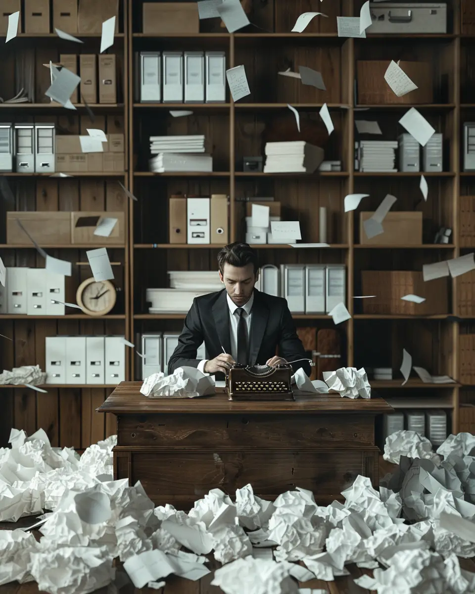 A man typing on a typewriter surrounded by piles of paper