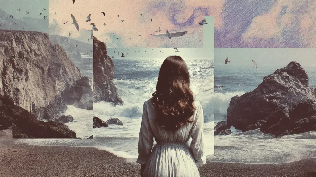 A woman stands facing the sea, waves crashing and birds flying — a moment of confronting her own emotional tides.