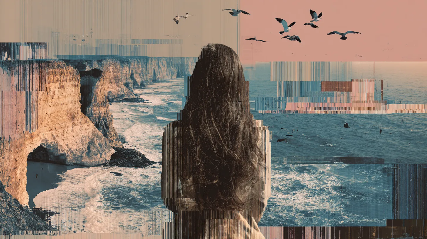 A fragmented image of a woman by the sea, visually representing emotional disarray and traces of anger.