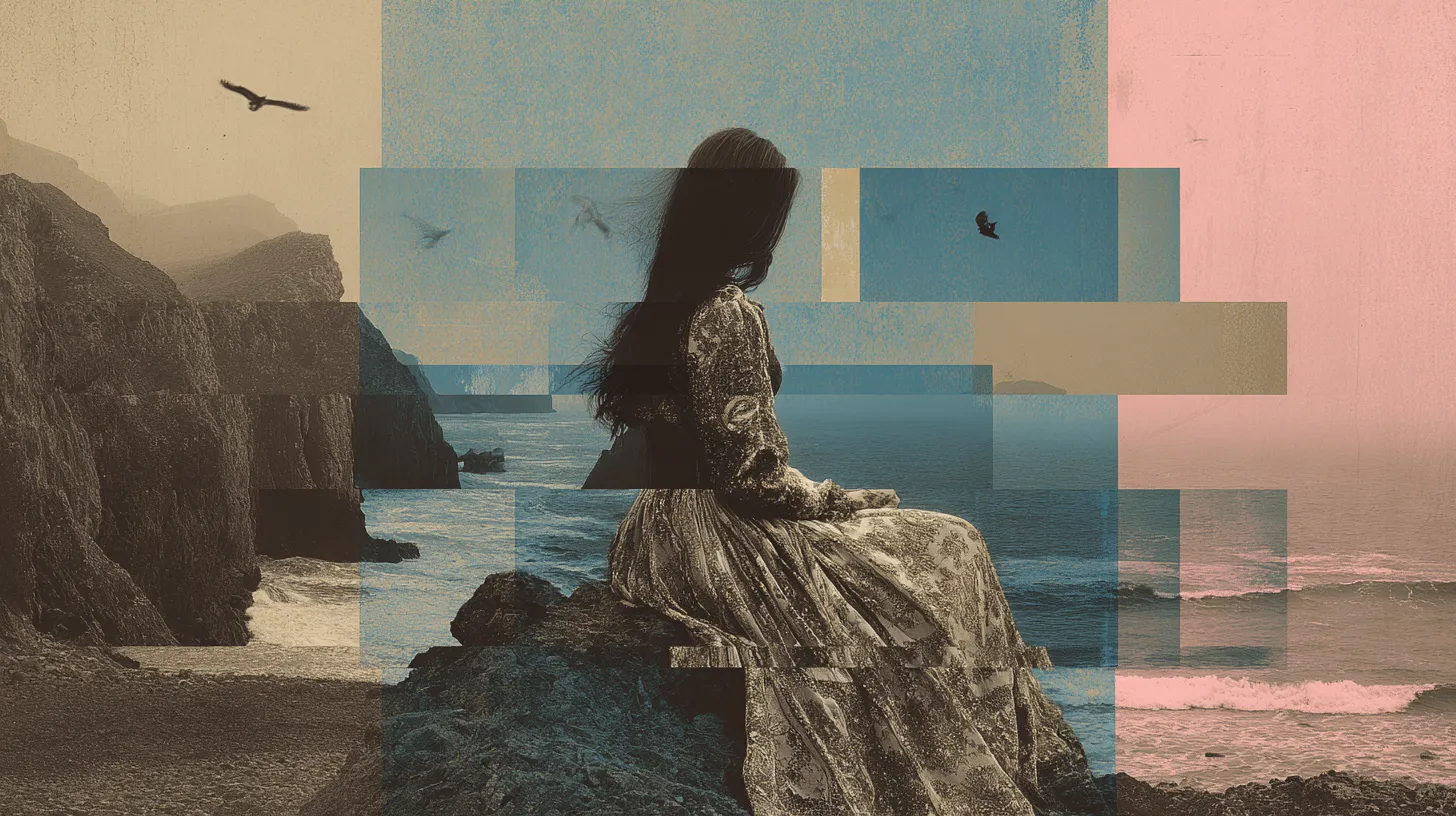A woman sits on a cliff facing the sea — a quiet moment between sorrow and gratitude.