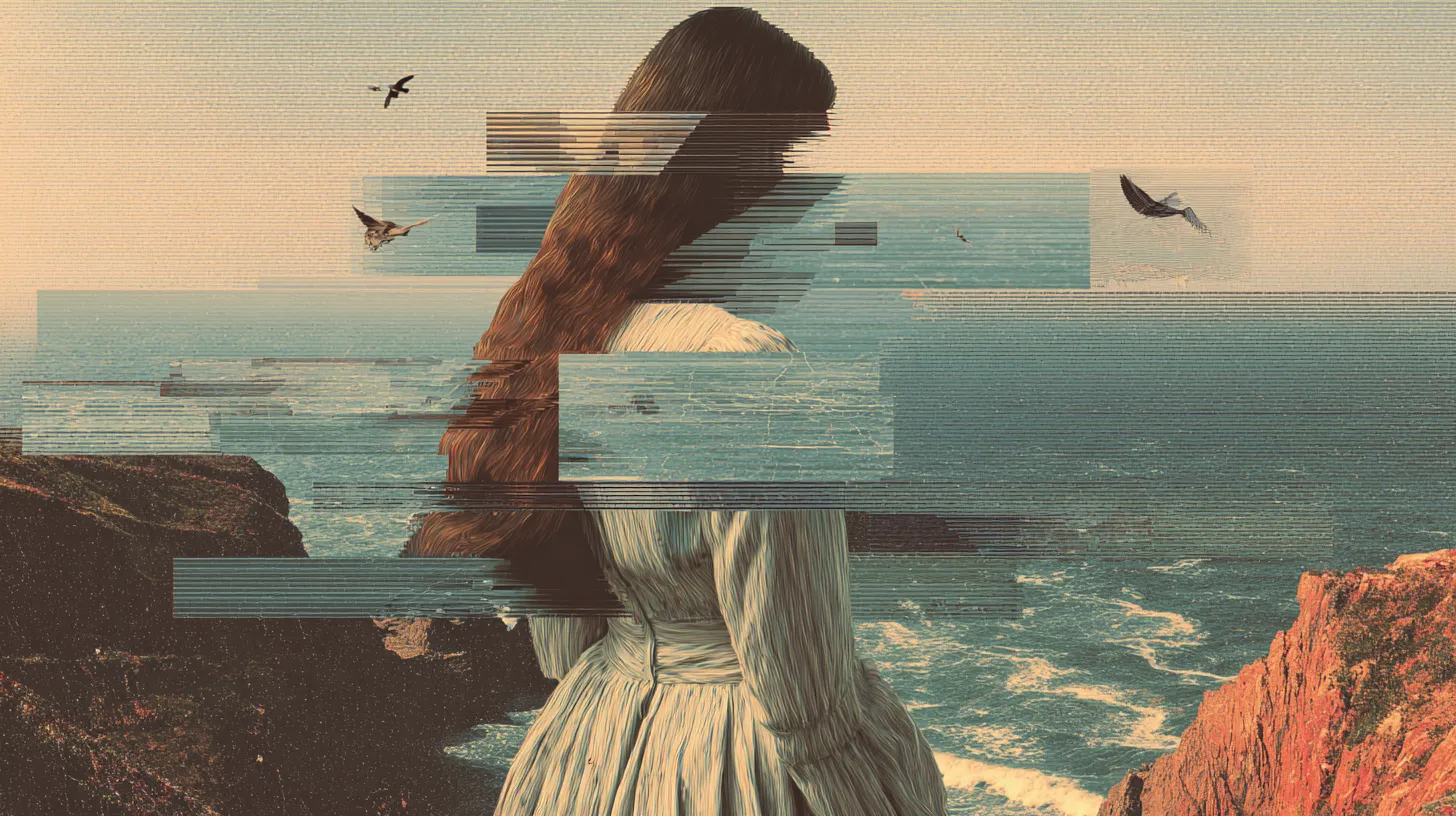 A woman stands on a cliff as birds take flight over the sea, symbolizing emotional freedom and inner flexibility.