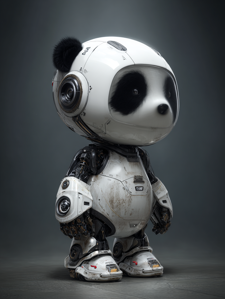 Close-up of a panda-inspired robot with a white metal body and yellow stripe, expressing emotion through lifelike eyes. A futuristic metaphor for empathy, creation, and human connection.