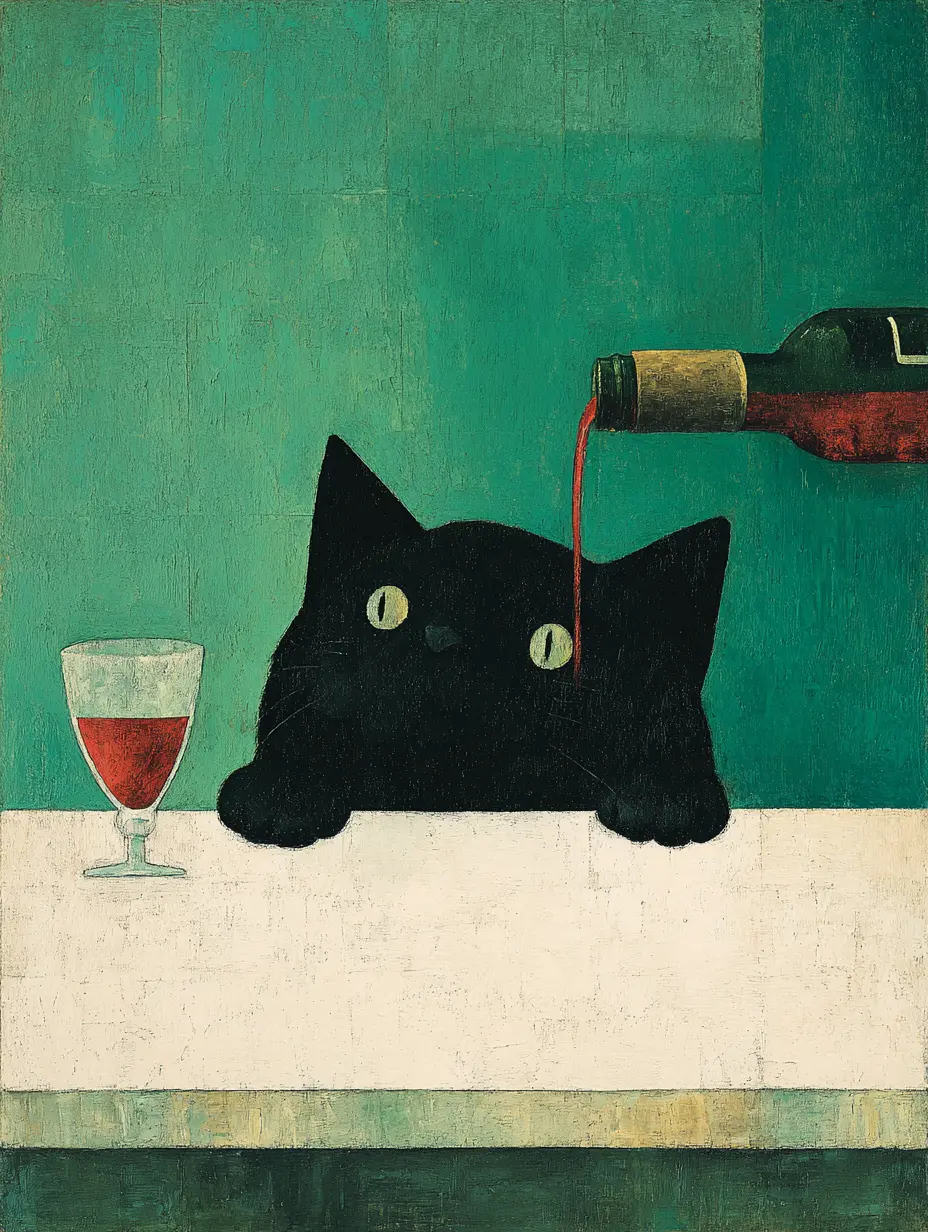An illustration of a black cat curiously watching wine being poured into a glass, symbolizing the beginning of mindful awareness before indulgence.