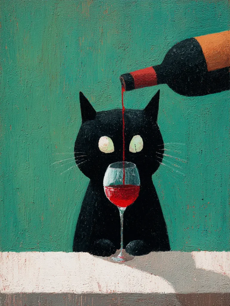 An illustration of a black cat sitting in front of a wine glass as red wine is poured above it — a playful yet thoughtful metaphor for mindful drinking.