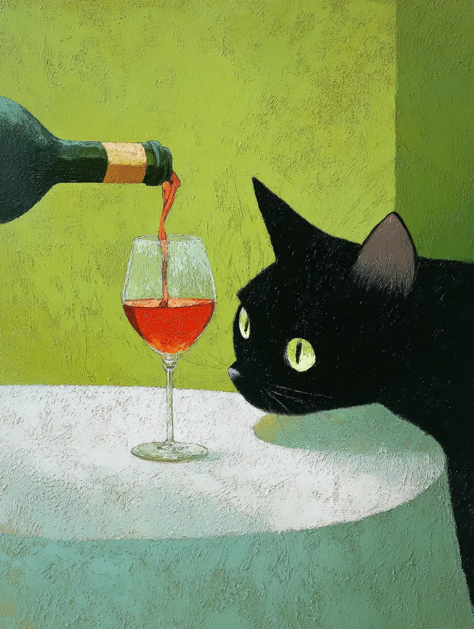A black cat watching red wine being poured into a glass against a green background, evoking calmness and presence.