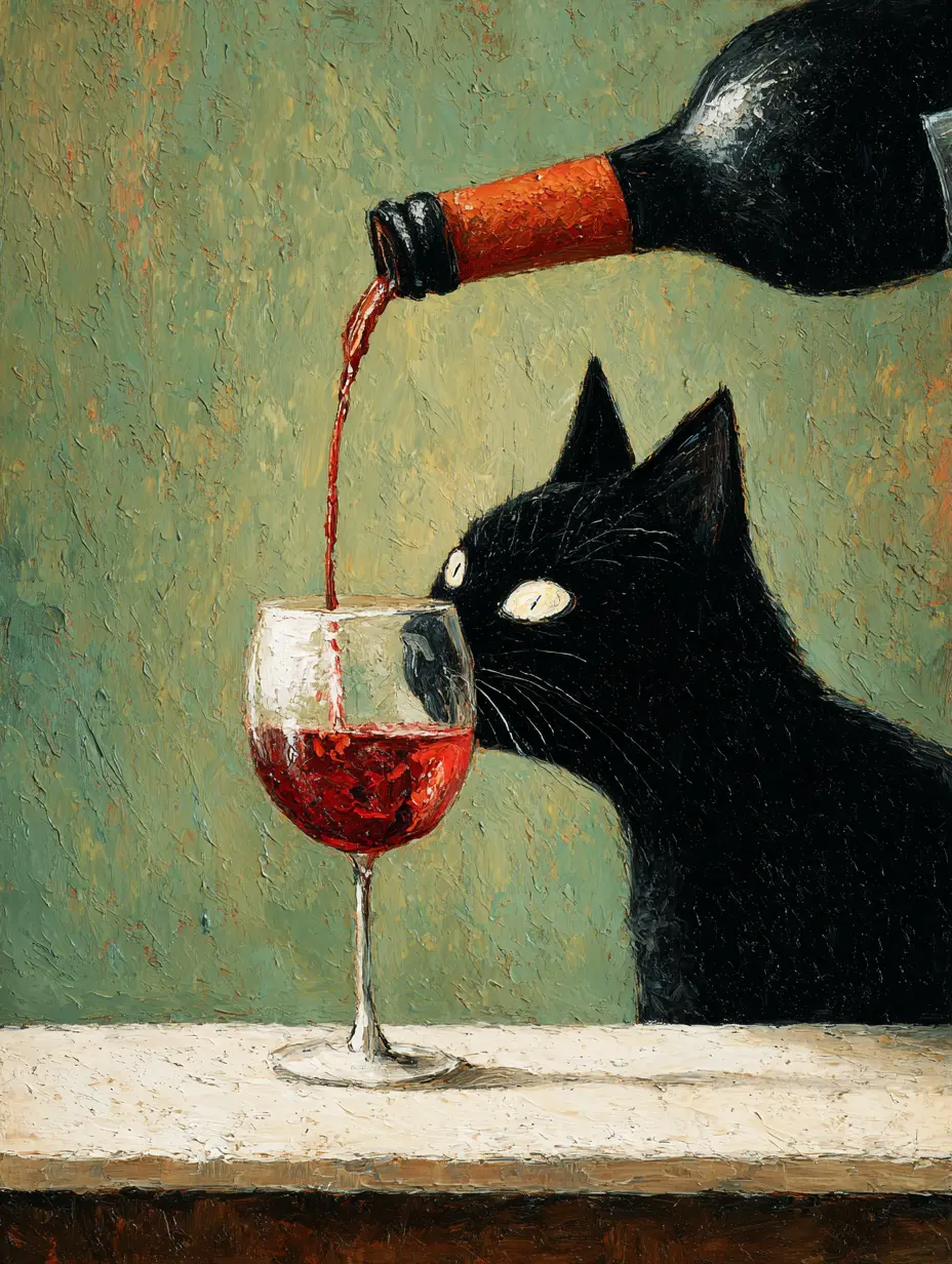 A black cat sitting beside a wine glass as red wine is being poured above, playfully depicting a moment of quiet humor.