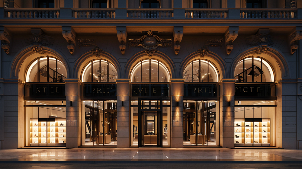 The illuminated façade of a European luxury boutique at dusk, featuring grand arches and glass displays—symbolizing elegance, craftsmanship, and the enduring value of trust in modern luxury.