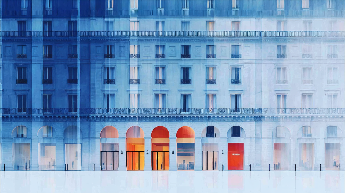 Modern architectural facade in blue and red