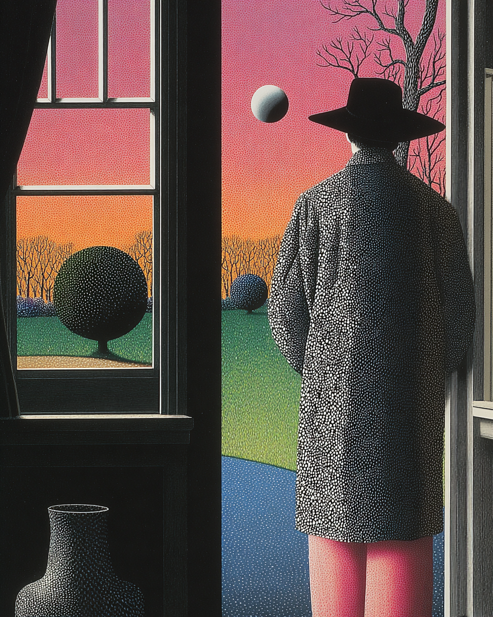 A figure seen from behind, standing by a window at sunset, gazing outside into a surreal landscape - a visual reflection of solitude and inner contemplation.